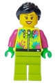 Female mountain bike cyclist with black hair wearing a neon yellow jacket with paint splotches and lime legs - cty1631