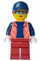 Female minifigure wearing a coral jacket over a sweater, dark red legs, a dark blue cap, and dark orange hair - cty1632