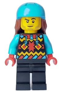 Snowboarder Minifigure - Male snowboarder with geometric jacket, black legs, medium azure sports helmet, and reddish brown long hair - cty1633