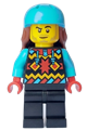 Male snowboarder with geometric jacket, black legs, medium azure sports helmet, and reddish brown long hair - cty1633
