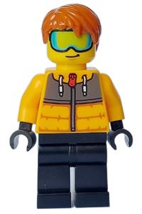 Male Skier Minifigure - Male with dark orange hair wearing a bright light orange jacket, black legs, and ski goggles - cty1634