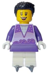 Ice Skater Minifigure - Female ice skater with lavender top, white medium legs, black hair, and ice skates - cty1636