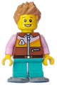 Boy with medium nougat hair, wearing a reddish brown jacket, dark turquoise short legs, and snowshoes - cty1637