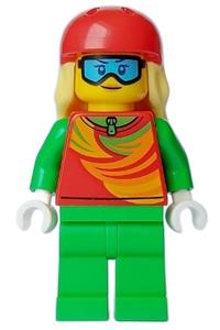 Skier - Female, Red Top, Bright Green Legs, Red Sports Helmet, Bright Light Yellow Long Hair, Ski Goggles cty1638
