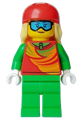 Female skier with bright light yellow long hair wearing a red top, red sports helmet, ski goggles, and bright green legs - cty1638