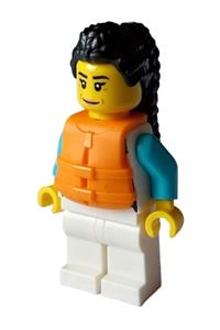 Arctic Explorer Minifigure - Female arctic explorer with white jacket over medium azure shirt, white legs, black hair, and orange life jacket - cty1641