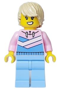 Tuk Tuk Driver Minifigure - Female Tuk Tuk driver with bright pink hoodie, bright light blue legs, and tan hair - cty1642