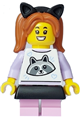 Child girl with dark orange pigtails, white top with raccoon, black skirt, cat ears, and bright pink short legs - cty1643
