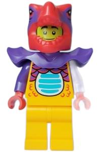 Comic Shop Guy Minifigure - Male Comic Shop Guy wearing a bright light orange dragon suit and legs, red dragon head, and dark purple shoulder armor - cty1644