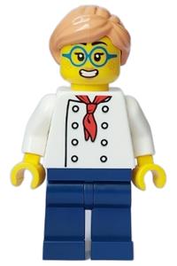 Pizza Chef Minifigure - Female pizza chef with nougat hair wearing white torso with 8 buttons, dark blue legs, and glasses - cty1646