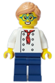 Female pizza chef with nougat hair wearing white torso with 8 buttons, dark blue legs, and glasses - cty1646