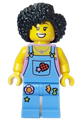 Female street performer wearing a medium lavender top, medium blue overalls and legs, with black hair - cty1648