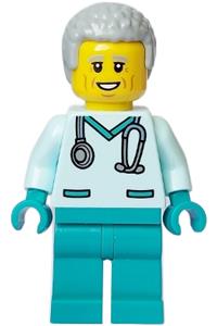 Veterinarian Minifigure - Male veterinarian in light aqua scrubs with dark turquoise legs and light bluish gray hair - cty1649