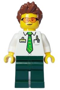 Electric Scooter Rider Minifigure - Male electric scooter rider with a white shirt featuring a bright green tie, dark green legs, and reddish brown hair - cty1650