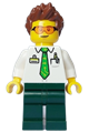 Male electric scooter rider with a white shirt featuring a bright green tie, dark green legs, and reddish brown hair - cty1650