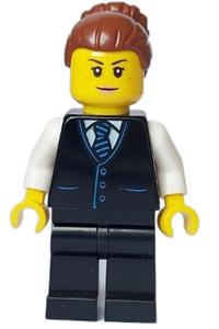 Hotel Receptionist Minifigure - Female hotel receptionist with reddish brown hair, wearing a black jacket with tie and black legs - cty1652