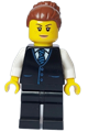Female hotel receptionist with reddish brown hair, wearing a black jacket with tie and black legs - cty1652