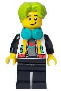 DJ - Male Minifigure - Male DJ with lime hair wearing a white jacket, dark turquoise headphones, and black legs - cty1653