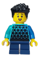Boy child with black hair, wearing a medium azure top with triangles and dark blue short legs - cty1655