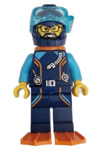 Arctic Explorer Diver Minifigure - Male arctic explorer diver in a dark blue diving suit, helmet, with orange air tanks and flippers, trans-light blue diver mask, beard, and glasses - cty1656