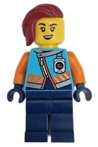 Arctic Explorer Minifigure - Female arctic explorer with dark red hair wearing a medium azure jacket and a name badge - cty1657