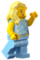Car Driver - female, bright light blue knotted top with pineapples and legs, bright light yellow hair - cty1660