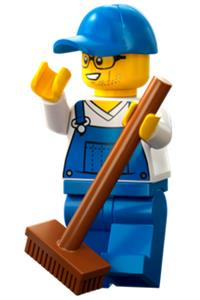 Car Cleaner Minifigure - Male car cleaner wearing blue overalls over v-neck shirt, blue cap, glasses, and stubble, with blue legs - cty1661