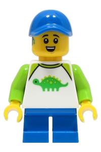Boy Minifigure - Boy wearing a white dinosaur shirt with lime sleeves, blue short legs, and a blue cap - cty1662