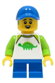 Boy wearing a white dinosaur shirt with lime sleeves, blue short legs, and a blue cap - cty1662