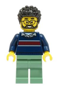 Dad Minifigure - Dad with black hair, wearing a dark blue sweater with a dark red stripe and sand green legs - cty1663