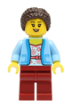Mom minifigure with a white shirt with coral flowers, a bright light blue jacket, dark red legs, and dark brown hair - cty1664