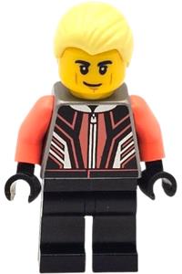 Race Car Driver Minifigure - Male race car driver in a black and coral racing suit with black legs and bright light yellow hair - cty1666