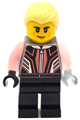 Male race car driver in a black and coral racing suit with black legs and bright light yellow hair - cty1666