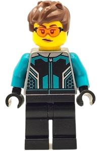 Race Car Driver Minifigure - Female race car driver in a black and dark turquoise racing suit with black legs, reddish brown hair, and safety glasses - cty1667