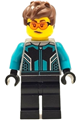Female race car driver in a black and dark turquoise racing suit with black legs, reddish brown hair, and safety glasses - cty1667