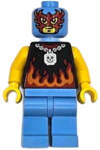 Taco Monster Truck Driver - Male monster truck driver with a taco theme, wearing a black sleeveless shirt with flames, medium blue legs, and a wrestling mask - cty1668