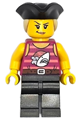 Female pirate monster truck driver wearing a magenta tank top with coral stripes and silver shark, pearl dark gray legs, and a black tricorne hat with a tan ponytail - cty1669