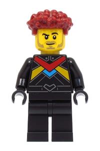 Race Car Driver Minifigure - Male race car driver in a black racing suit with red, dark azure, and bright light orange stripes, and dark red hair - cty1670