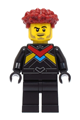 Male race car driver in a black racing suit with red, dark azure, and bright light orange stripes, and dark red hair - cty1670