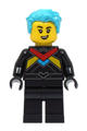 Female race boat driver in black suit with red, dark azure, and bright light orange stripes, with medium azure hair - cty1671