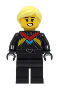 Monster Truck Driver Minifigure - Female monster truck driver in a black racing suit with red, dark azure, and bright light orange stripes, and bright light yellow hair - cty1672