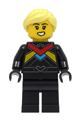 Female monster truck driver in a black racing suit with red, dark azure, and bright light orange stripes, and bright light yellow hair - cty1672