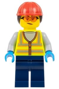 Airport Worker - Female, Neon Yellow Safety Vest, Dark Blue Legs, Red Construction Helmet with Dark Brown Ponytail Hair, Safety Glasses cty1673