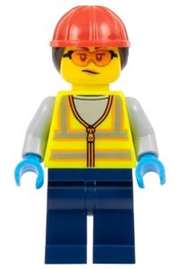 Airport Worker Minifigure - Female airport worker with a neon yellow safety vest, dark blue legs, red construction helmet, dark brown ponytail hair, and safety glasses - cty1673
