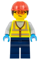 Airport Worker - Female, Neon Yellow Safety Vest, Dark Blue Legs, Red Construction Helmet with Dark Brown Ponytail Hair, Safety Glasses - cty1673