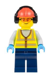Airport Worker - Male, Neon Yellow Safety Vest, Dark Blue Legs, Red Construction Helmet with Black Ear Protectors \/ Headphones, Safety Glasses cty1674