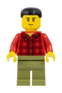 Plane Passenger Minifigure - Male plane passenger in red plaid flannel shirt, with olive green legs and black short hair - cty1675