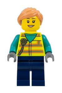 Airport Worker Minifigure - Female airport worker with neon yellow safety vest with radio, dark blue legs, nougat ponytail hair, and hearing aid - cty1677