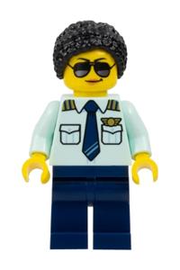Female Plane Pilot Minifigure - Female passenger plane pilot in light aqua uniform shirt with tie, black braided hair in knot bun, dark blue legs, and sunglasses - cty1678