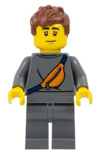 Plane Passenger Minifigure - Male plane passenger with messy reddish brown hair, wearing a dark bluish gray sweater with an orange sling bag, dark bluish gray legs, and a sleep mask - cty1680